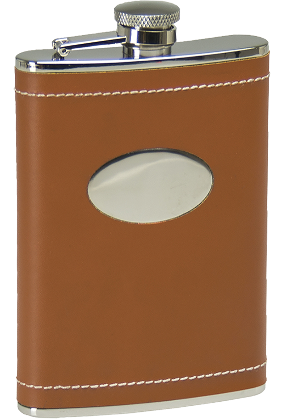 Stainless Steel Tan Leather Wrapped Flask 8oz - Click for details