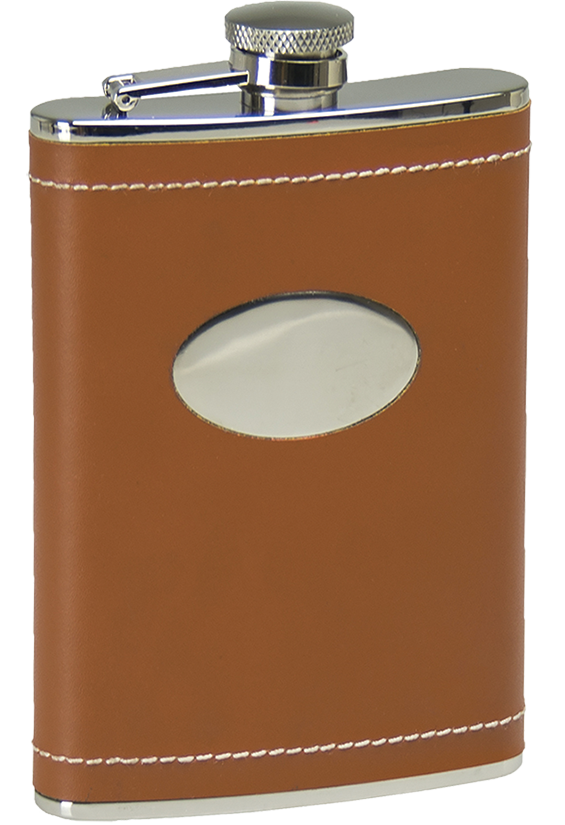 Stainless Steel Tan Leather Wrapped Flask 8oz